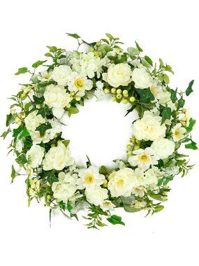 22-Inch Artificial Spring Wreath with Peony, Hydrangeas & Daisies for Home Decor